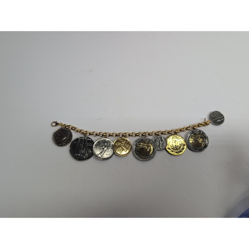 MILOR 925 Sterling Silver Italian Lire Coin Charm Bracelet Gold & Silver Tone 7"